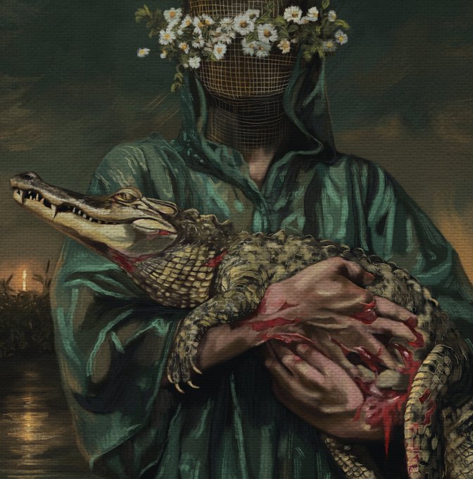 The image features an artist's portrait of a person holding a crocodile by its head. The crocodile has blood dripping down its face, indicating that it has been recently killed or injured. The person wearing a green robe stands next to the crocodile, creating a striking contrast between the human and animal subjects. The background is dark and cloudy, adding an air of mystery to the scene. The artist's name "Panter" is written in the bottom right corner of the image.