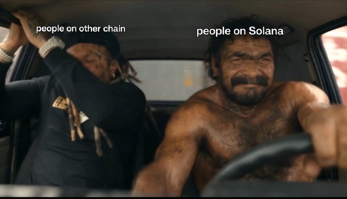 A meme using the 'people on other chain' vs 'people on Solana' template, showing a calm man in a suit with dreadlocks on the left contrasted with a dirty, intense-looking shirtless driver gripping the steering wheel on the right.