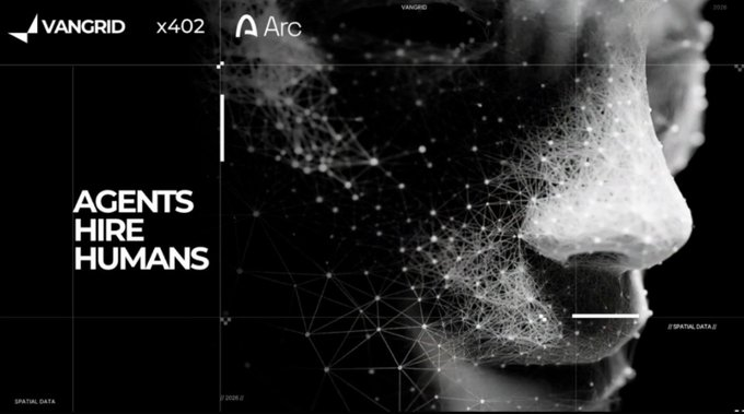 A futuristic graphic with text 'VANGRID x402', 'Arc', and 'AGENTS HIRE HUMANS', featuring a stylized image of a face composed of particles and connected dots on a black background.