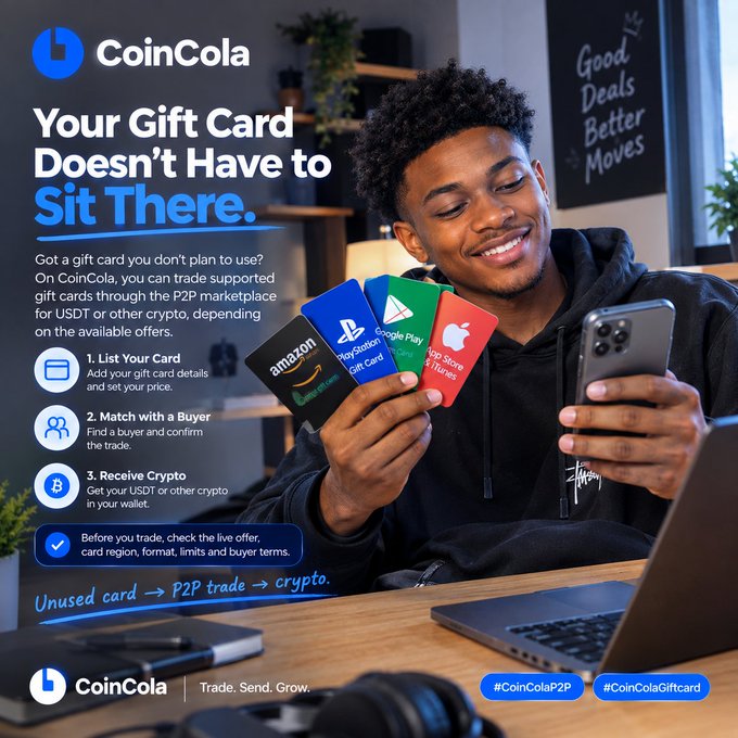 A CoinCola advertisement featuring a smiling young man holding various gift cards (Amazon, PlayStation, Google Play, App Store) and a smartphone, with text promoting P2P gift card trading for USDT or crypto.