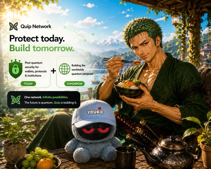 A Quip Network promotional image featuring an anime character eating a bowl of food, with text 'Protect today. Build tomorrow.' highlighting post-quantum security and quantum computing.