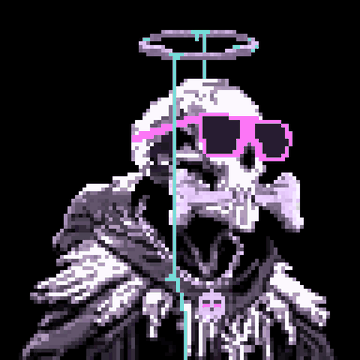 Pixel art of a skeleton character wearing pink sunglasses and a feathered cloak, holding a staff with a halo and an inverted cross.