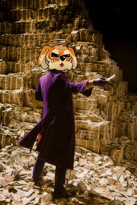 A person in a purple coat and black gloves stands before a massive mountain of bundled cash, with a cartoon tiger head (wearing sunglasses and a halo) superimposed over their face.