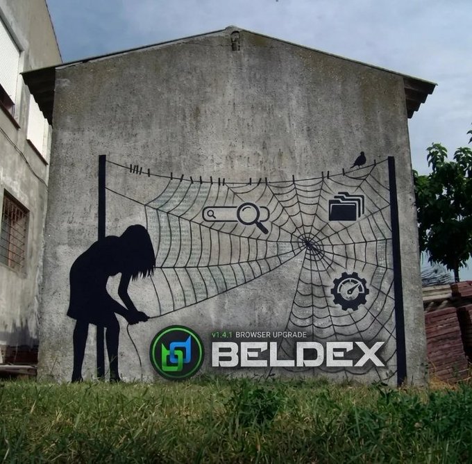 A wall mural depicting a silhouette of a girl in a spider web alongside search and folder icons, branded with 'BELDEX v1.4.1 BROWSER UPGRADE'.