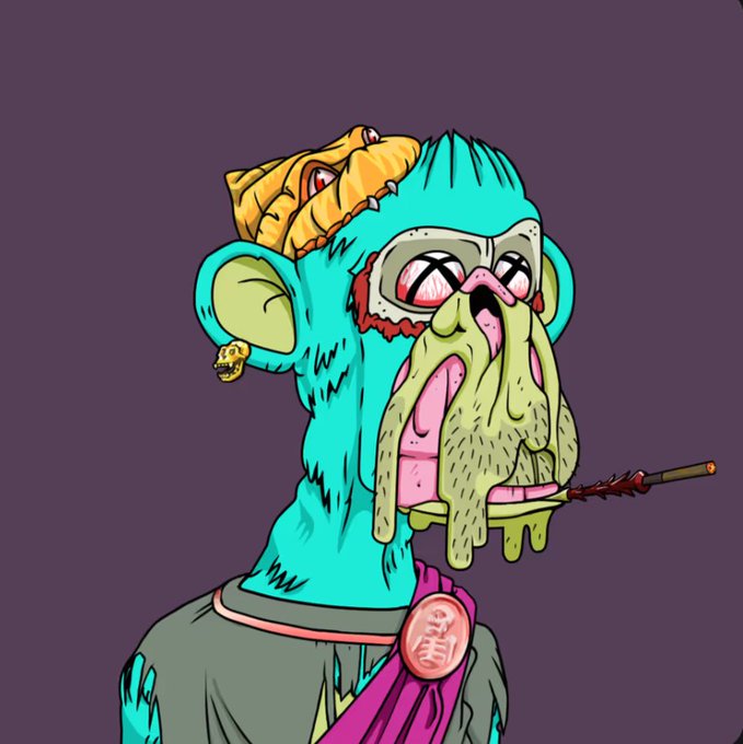 A cartoon illustration of a grotesque teal-colored zombie-like character with melting yellow flesh, X eyes, a small tiger on its head, and a spear in its mouth.