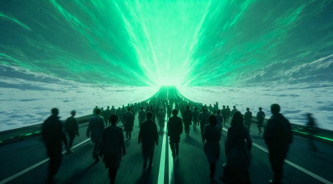 A crowd of silhouetted figures walks down a long road toward a massive, radiant teal light bursting from a mountain peak under a starry sky.