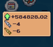 A pixel art inventory interface showing a green gem worth +584828.02 along with items worth -4 and -6 against a blue background.