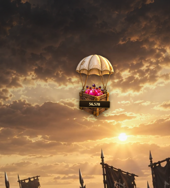 A whimsical scene features a hot air balloon carrying pink gems and a number '56.578' floating against a dramatic sunset sky above army banners with spears.