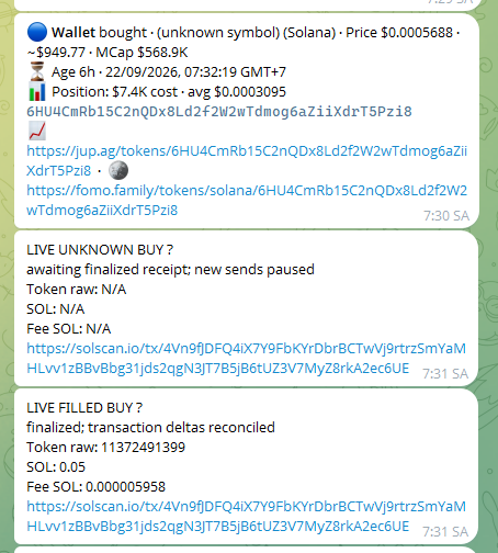 Telegram message showing a wallet bought an unknown token on Solana for ~$949.77, with position details and links to Jupiter, Formo, and Solscan.