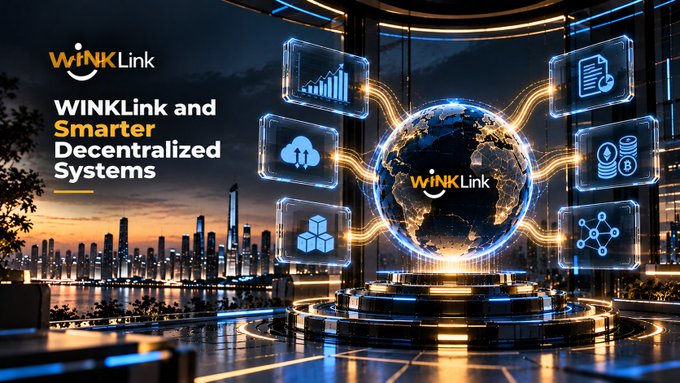 A promotional banner for 'WINkLink and Smarter Decentralized Systems' featuring a glowing globe surrounded by holographic data icons against a futuristic cityscape backdrop.