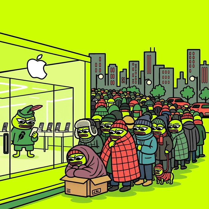 A cartoon illustration of a large crowd of people bundled in winter clothing lined up outside an Apple Store, with a mascot in a green hoodie managing the entrance.