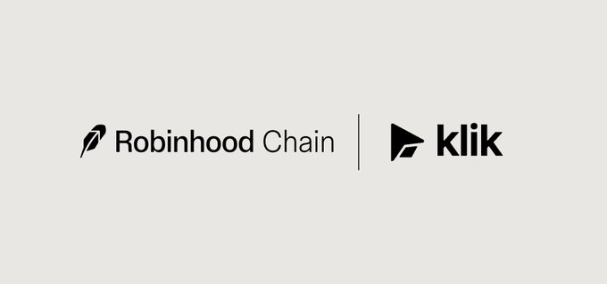 The image displays the "Robinhood Chain" logo alongside the "klik" logo, separated by a vertical line, representing the partnership announced in the post. This visual supports the caption's announcement that KLIK is launching on Robinhood Chain, highlighting its expansion from a leading token launchpad on Ethereum (with 20,000+ coins deployed and over $1 billion in volume) to the new blockchain platform.