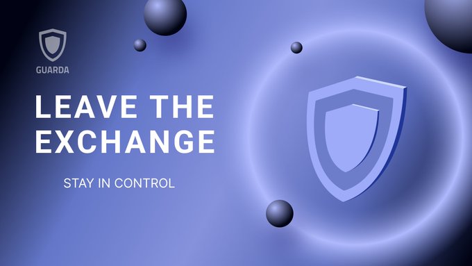 Guideu advertisement banner reading 'LEAVE THE EXCHANGE - STAY IN CONTROL' featuring a shield logo and floating spheres on a blue gradient background.