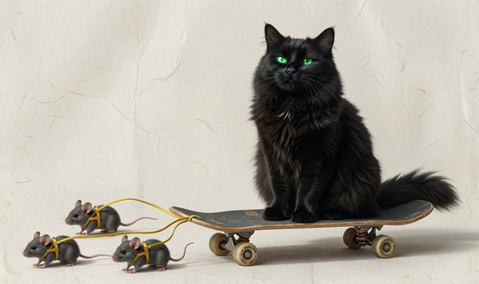 A majestic black cat with striking green eyes sits regally on a skateboard while three small mice in harnesses appear to be pulling it, set against a textured cream backdrop. This whimsical artwork has been sold, with thanks given to supporters like Alireza Akhlaghi, James Tiberios, and two anonymous Tezos (tz1) wallet addresses.