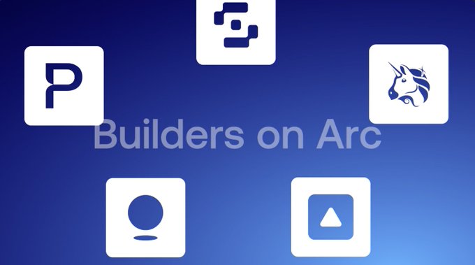 Blue promotional graphic titled 'Builders on Arc' featuring five white square icons including logos with letters 'P' and a unicorn design.