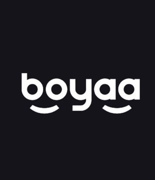 A minimalist black square displays the white lowercase text 'boyaa'.