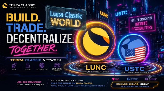 A vibrant promotional graphic for Terra Classic (LUNC) featuring "BUILD. TRADE. DECENTRALIZE. TOGETHER." alongside glowing LUNC and USTC coin icons with an American flag motif, set against a neon cityscape backdrop. The image visually reinforces the post's message of "One blockchain. Infinite possibilities" by showcasing the LUNC and USTC ecosystem with calls to action like "JOIN THE MOVEMENT" and "ENGAGE. SHARE. GROW."