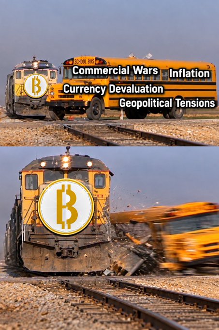 A meme showing a Bitcoin train colliding with a school bus labeled with 'Commercial Wars, Inflation, Currency Devaluation, Geopolitical Tensions'.