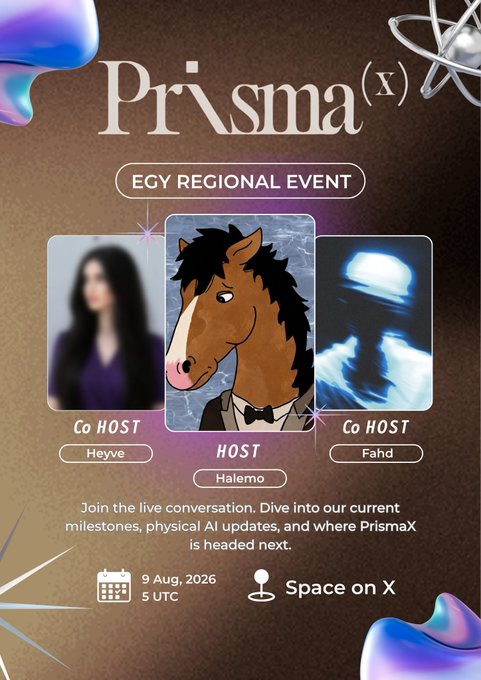 A promotional poster for Prisma(X) EGY Regional Event featuring a horse host named Halemo with co-hosts Heyve and Fahd, scheduled for 9 Aug, 2026 at 5 UTC on Space on X.
