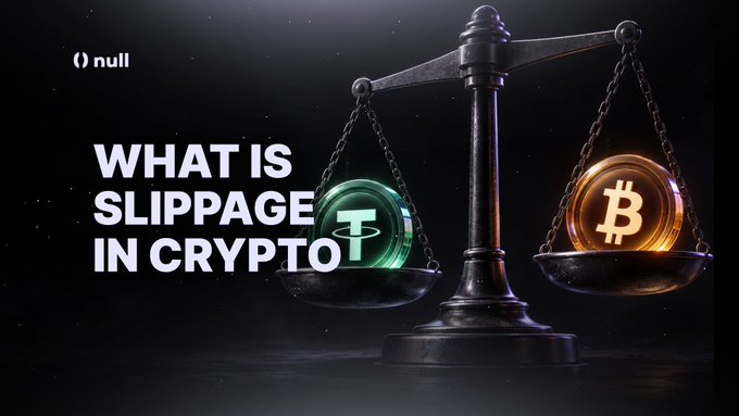 A graphic titled 'WHAT IS SLIPPAGE IN CRYPTO' by 'null', featuring a balance scale weighing a green Tether (USDT) coin against a golden Bitcoin (BTC) coin.