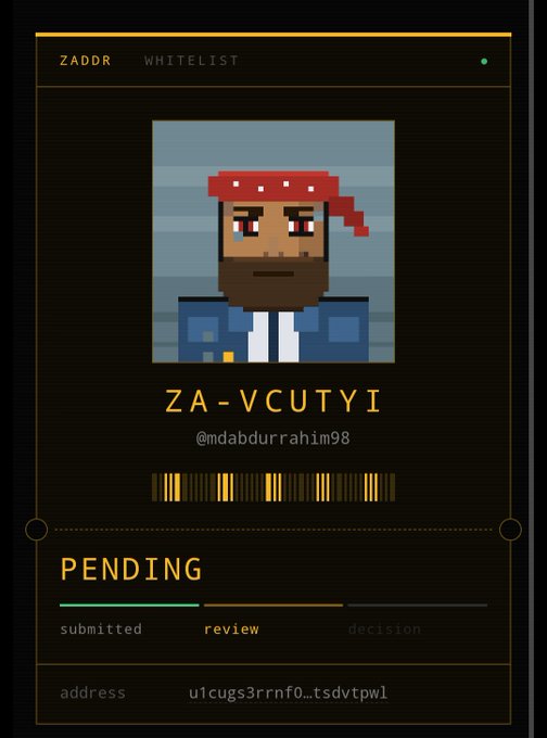 A ZADDR whitelist application showing a pixel art character with a red bandana and beard, username ZA-VCUTYI (@mdabdurrahim98), with status pending in the review stage.
