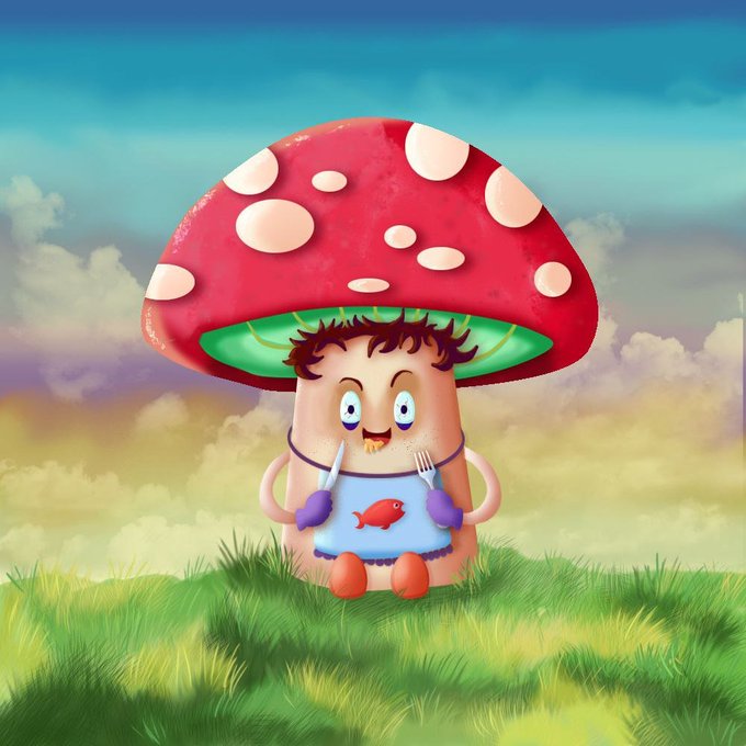 A 3D-rendered cartoon mushroom character with a red-and-white spotted cap, purple curly hair, and a fish-themed apron, holding a knife and fork while sitting on green grass.
