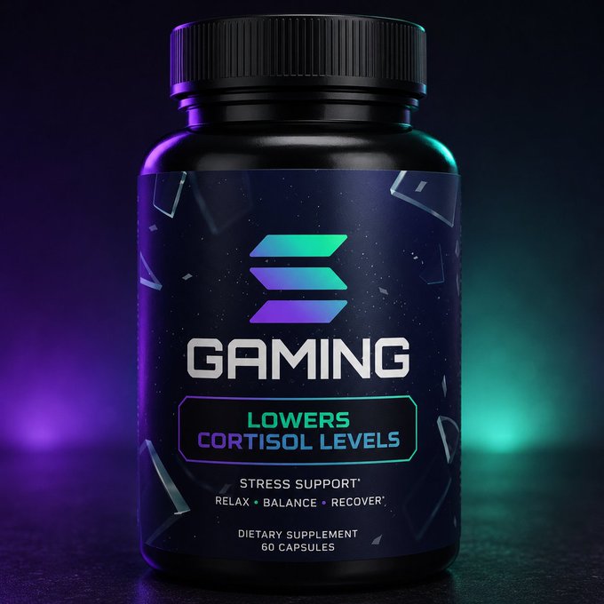 A dark bottle labeled 'GAMING - LOWERS CORTISOL LEVELS - STRESS SUPPORT - RELAX BALANCE RECOVERY' dietary supplement with 60 capsules.