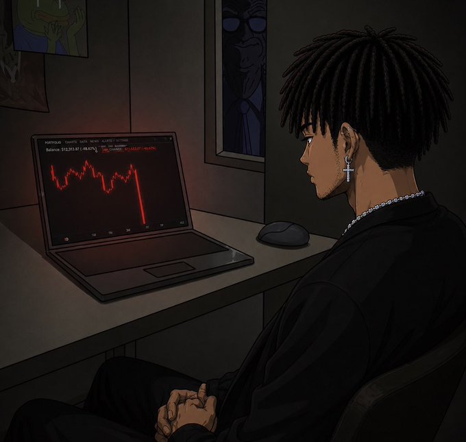 An anime-style illustration of a young man with dreadlocks and a cross earring sitting in a dark room, looking at a laptop screen displaying a red portfolio chart with significant losses.