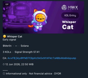 A "Whisper Cat" early signal alert from Caturnus for $Merlin on Solana, showing a market cap of $42.3K with a signal strength of 57.41, tied to a wallet address (AvxFBjWydMYWD7C8pHzSkGxNYAFWr7aNBbAkn84bpump). The post highlights this as a successful 61x gain to $2.6M ATH, with the image showing the actual 3 KOLs signal alert from June 12, 2026.
