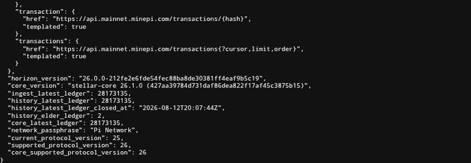 A screenshot of the Stellar network's API response showing key network parameters including `horizon_version: 26.0.0`, `core_version: stellar-core 26.1.0`, and `network_passphrase: "Pi Network"`, indicating that Pi Network is running on Stellar protocol version 26 and awaiting version 27 for the next upgrade.
