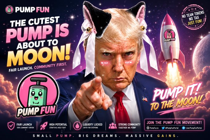 The image features a man wearing a suit with a tie, pointing at an advertisement for Pump Fun. The text of the advertisement includes phrases such as "the cutest pump is about to moon!", "Pump It To The Moon!", and "#PumpFun". These phrases are related to the theme of the advertisement, which seems to be promoting a product or service that involves pumping something into space. The image also contains a rocket in the background, further emphasizing the connection between the pump and space exploration.