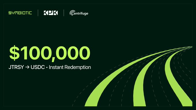 A dark promotional banner featuring 'SYMBIOTIC' and 'Centrifuge' logos, announcing '$100,000 JTRSY → USDC • Instant Redemption' over a stylized road graphic.