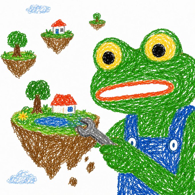 A hand-drawn colored illustration shows a green frog-like character in blue overalls holding a wrench, working on floating islands with small houses, trees, and ponds.