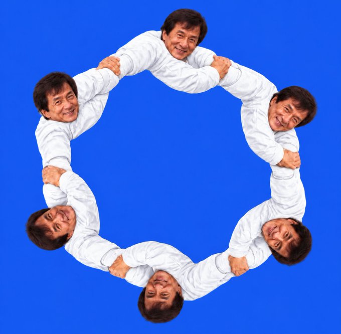 Six identical images of Jackie Chan wearing white are arranged in a circle, each grabbing the legs of the adjacent figures against a solid blue background.