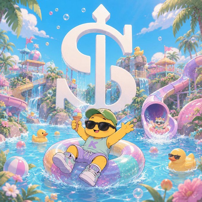 Vibrant digital illustration of a yellow cartoon character wearing sunglasses floating in a pool on a sparkly donut inner tube, surrounded by rubber ducks, water slides, and a large 'B' logo.