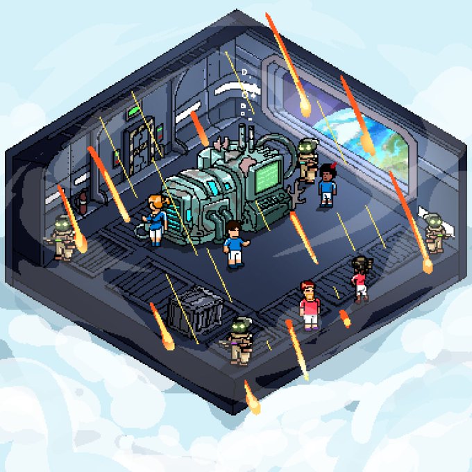 A pixel-style isometric scene depicts a spacecraft interior under siege, with flaming meteors raining down through breaches in the walls as crew members and helmeted soldiers scramble near control panels, with the text "DUO" visible above a central monitor. The chaotic sci-fi imagery visually conveys the post's description of Ruxxells as interactive NFTs where holders "activate their world" and "excavate for fragments and artifacts to rebuild their world."