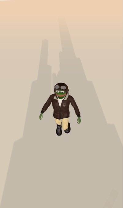 A 3D avatar of a green-skinned character wearing aviator goggles, a brown jacket, and beige pants, standing against a minimalist beige background with shadowy silhouettes.
