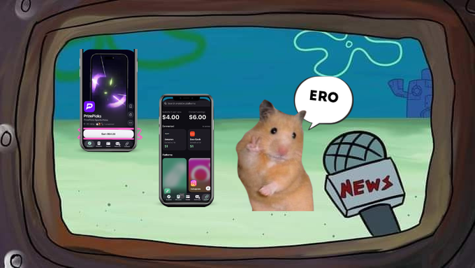 A cartoon scene resembling SpongeBob's TV frame, showing two smartphones displaying an app called 'PromptPicks', a hamster with a speech bubble saying 'ERO', and a microphone labeled 'NEWS'.