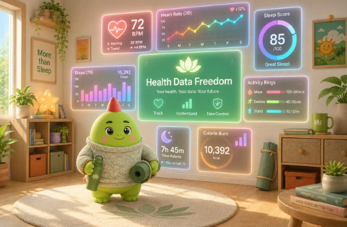 A cute green digital mascot character stands in a cozy room surrounded by floating holographic dashboards displaying health metrics, including "72 BPM" heart rate, "85/100" sleep score, "Health Data Freedom," "7h 45m Time Asleep," and "10,392 Steps," visually representing Sleepagotchi's expansion into a comprehensive, gamified health data ecosystem beyond just sleep tracking.