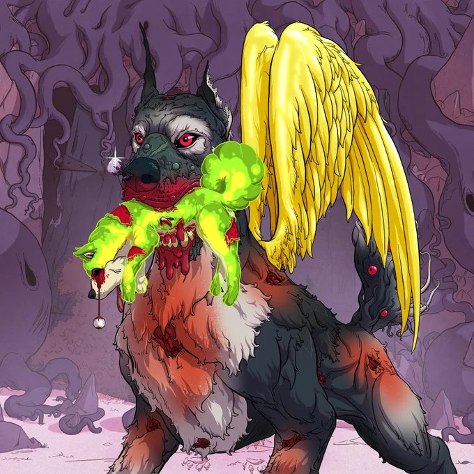 A vibrant digital illustration of a dark wolf-like creature with yellow angel wings, holding a glowing green wolf in its mouth, set against a purple background with shadowy faces.