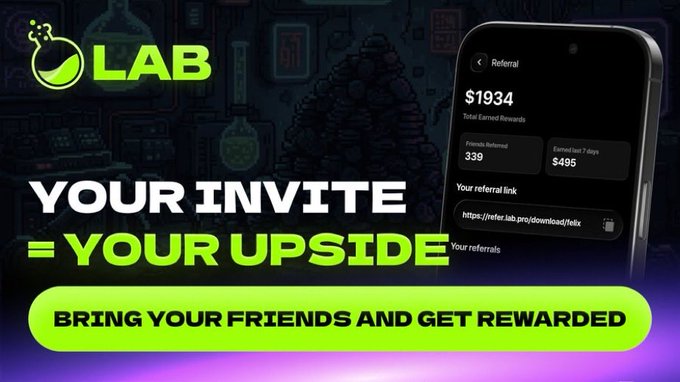 A promotional banner for the LAB referral program featuring the text 'YOUR INVITE = YOUR UPSIDE' and 'BRING YOUR FRIENDS AND GET REWARDED,' alongside a mockup of an app interface showing $1934 total earned rewards and a referral link.