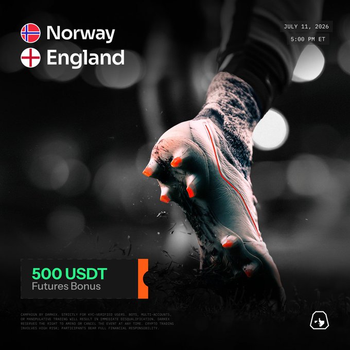 A promotional graphic for a Darkex World Cup prediction contest featuring the Norway vs. England quarterfinal match on July 11, 2026 at 5:00 PM ET, offering a 500 USDT futures bonus. The image shows a dramatic close-up of a soccer cleat striking the ground, with the match details and country flags (Norway and England) displayed in the upper corners.
