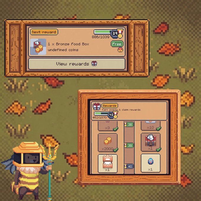 Pixel art game UI showing a bee character in golden robes holding a staff, alongside reward panels displaying 'Next reward: 1 x Bronze Food Box', a progress bar at 886/1039, and a rewards claim grid with various items.