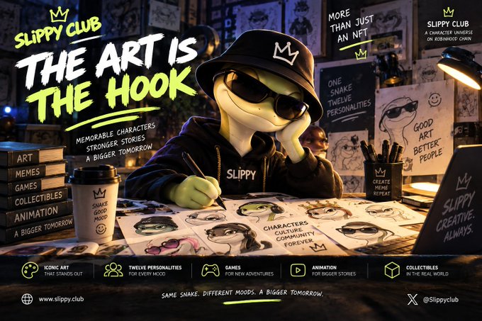 Promotional artwork for 'SLIPPY CLUB' featuring an anthropomorphic snake character wearing sunglasses and a hat, drawing at a desk, with text including 'THE ART IS THE HOOK' and 'MORE THAN JUST AN NFT'.