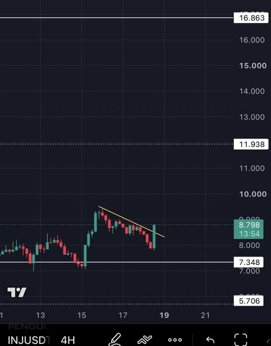 A TradingView chart displays INJUSD (Injective) on a 4-hour candle interval, showing recent price action declining from around $9.306 down toward a support level at $7.348, with the post's concern "$INJ she gone?" reflecting the visible downtrend within a descending channel pattern.