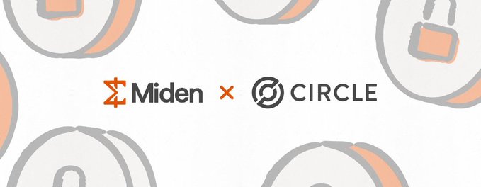 A partnership announcement graphic on a light gray patterned background, featuring the logos for 'Miden' and 'CIRCLE' separated by an orange multiplication 'x' symbol.