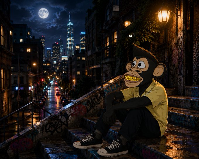 A cartoon monkey character wearing a yellow shirt and a gold grill sits alone on graffiti-covered city steps at night, with a moonlit urban skyline in the background. The image evokes a sense of nighttime solitude and street-level anonymity, visually reinforcing the post's message about protecting privacy and personal identity in the digital age.