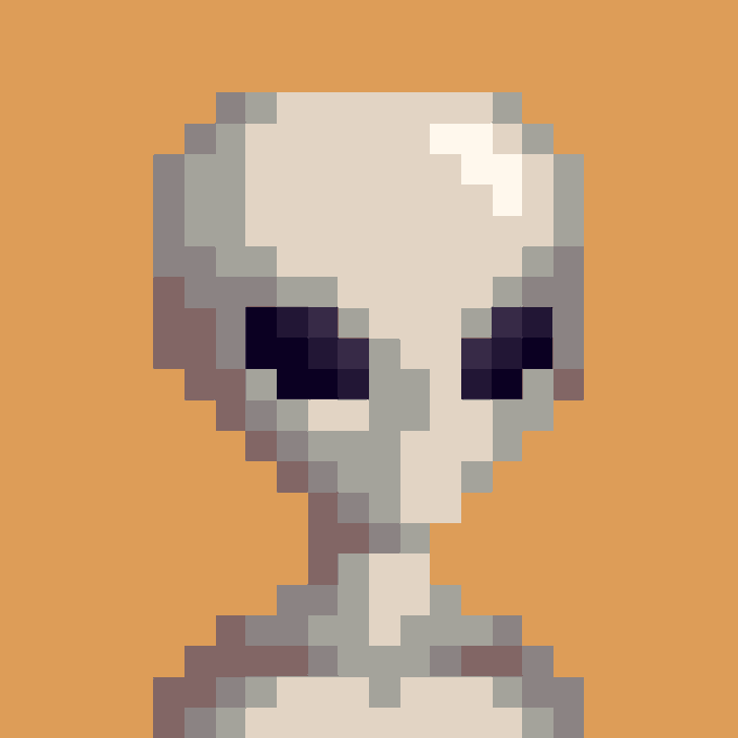 A pixel art portrait of a gray alien with large dark eyes set against an orange background.