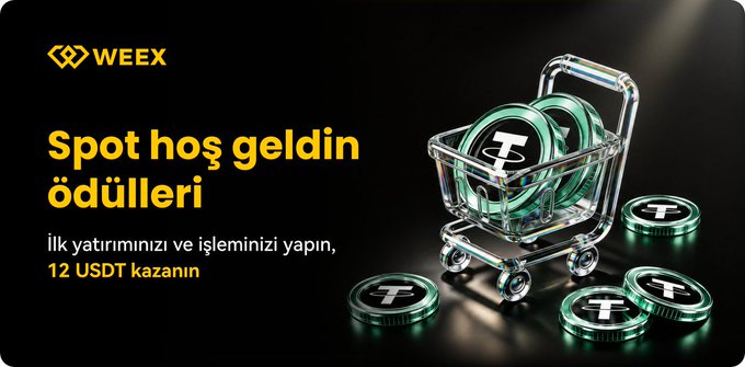 A WEEX advertisement banner in Turkish promoting 'Spot hoş geldin ödülleri' (Spot welcome bonuses), offering 12 USDT for the first investment and transaction, accompanied by a 3D rendering of a shopping cart filled with USDT coins.