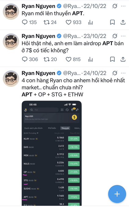 A Twitter thread by Ryan Nguyen (@Ryan Nguyen) with three posts showing crypto tips and airdrop advice, including a screenshot of a USD trading pair list featuring tokens like KLAY, GAS, MDX, NULS, OP, STG, SUSHI, APT, and ILV with various price changes, promoting his call on APT and other tokens.
